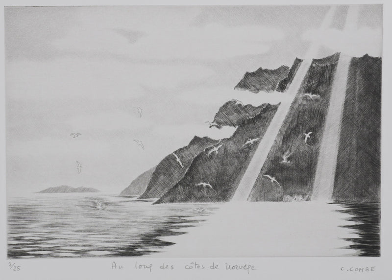 Camille COMBE : Au loup des côtes de Norvège, Gravure originale signée