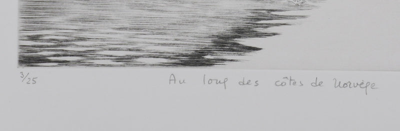 Camille COMBE : Au loup des côtes de Norvège, Gravure originale signée