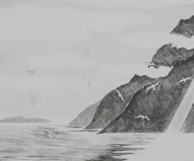 Camille COMBE : Au loup des côtes de Norvège, Gravure originale signée