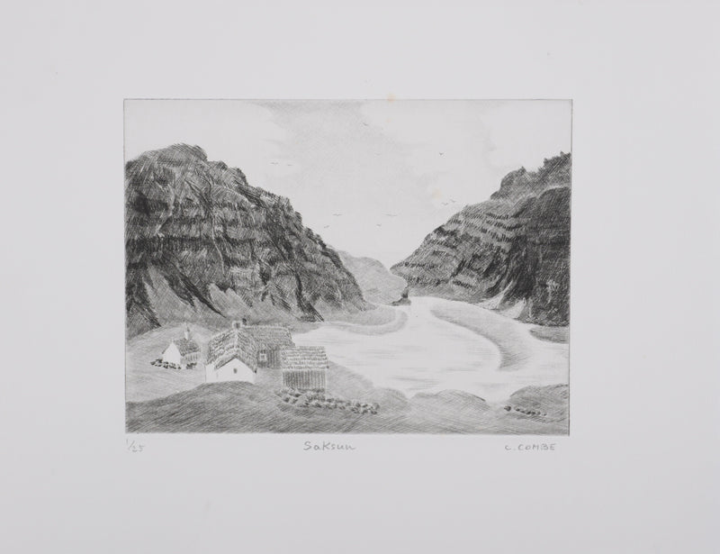 Camille COMBE : Saksun, Îles Féroé, Gravure originale signée