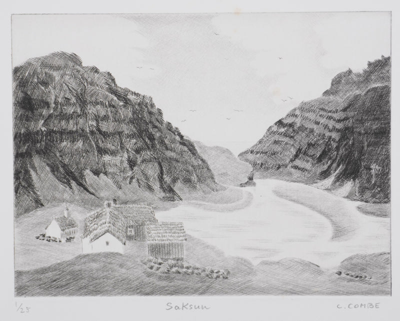 Camille COMBE : Saksun, Îles Féroé, Gravure originale signée