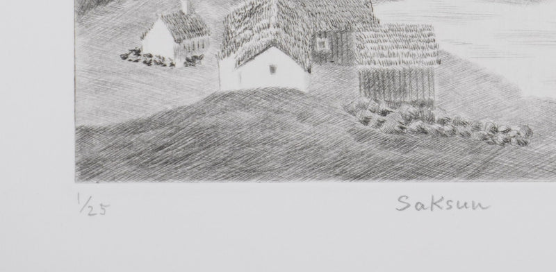 Camille COMBE : Saksun, Îles Féroé, Gravure originale signée