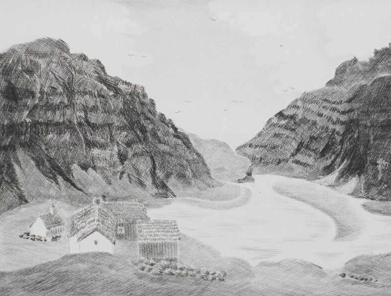 Camille COMBE : Saksun, Îles Féroé, Gravure originale signée