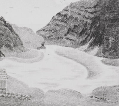 Camille COMBE : Saksun, Îles Féroé, Gravure originale signée