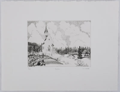 Camille COMBE : La chapelle dans la vallée, Gravure originale signée