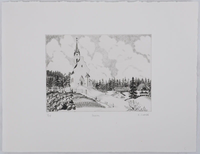 Camille COMBE : La chapelle dans la vallée, Gravure originale signée