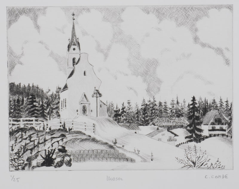 Camille COMBE : La chapelle dans la vallée, Gravure originale signée