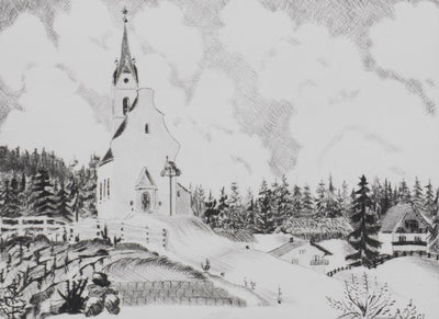Camille COMBE : La chapelle dans la vallée, Gravure originale signée