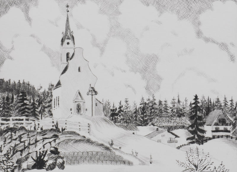 Camille COMBE : La chapelle dans la vallée, Gravure originale signée
