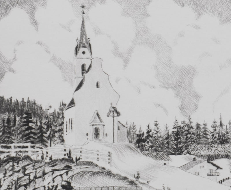 Camille COMBE : La chapelle dans la vallée, Gravure originale signée