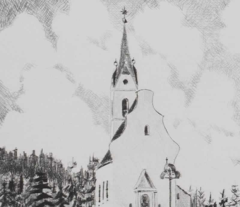 Camille COMBE : La chapelle dans la vallée, Gravure originale signée