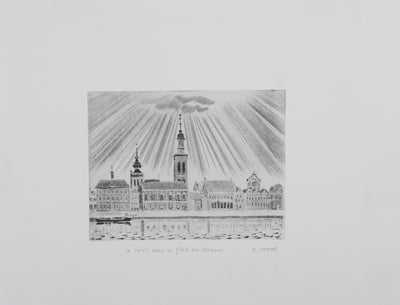 Camille COMBE : Le soleil dans la gloire sur Kampen, Gravure originale signée