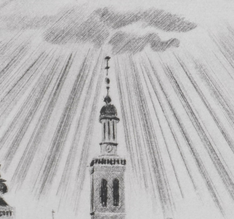 Camille COMBE : Le soleil dans la gloire sur Kampen, Gravure originale signée