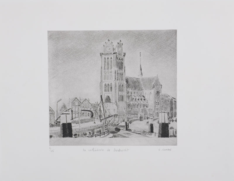 Camille COMBE : La cathédrale de Dordrecht, Gravure originale signée