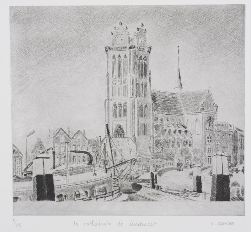 Camille COMBE : La cathédrale de Dordrecht, Gravure originale signée