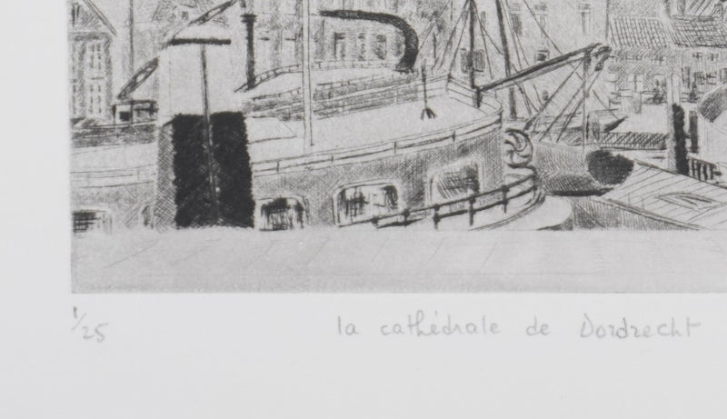 Camille COMBE : La cathédrale de Dordrecht, Gravure originale signée
