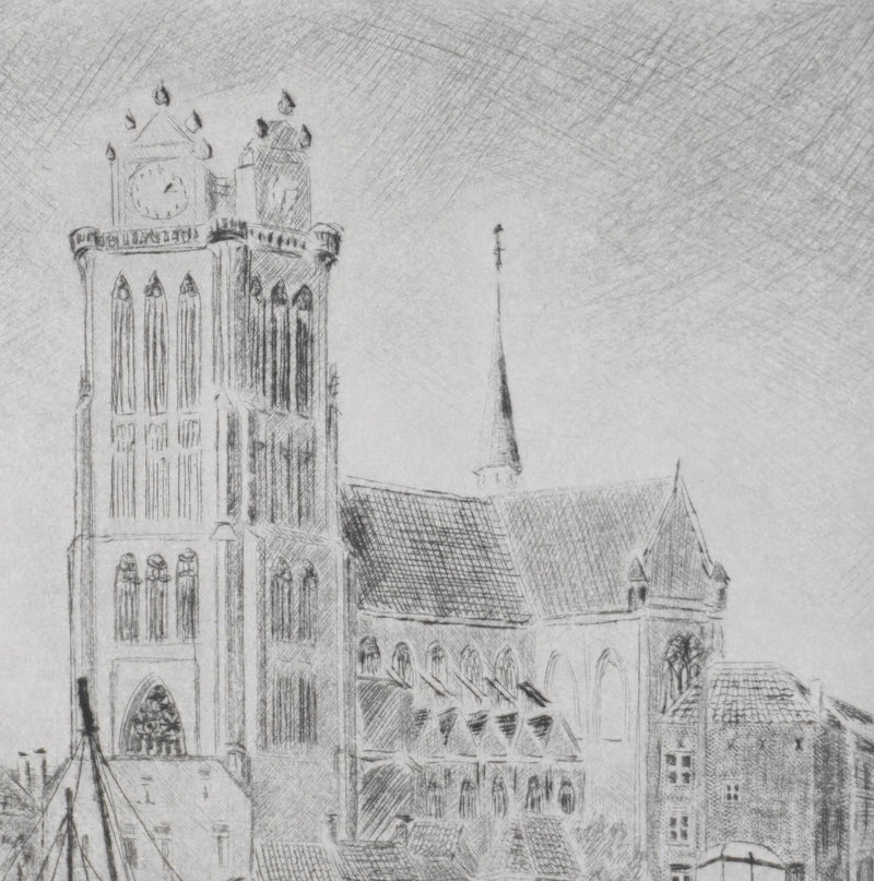 Camille COMBE : La cathédrale de Dordrecht, Gravure originale signée