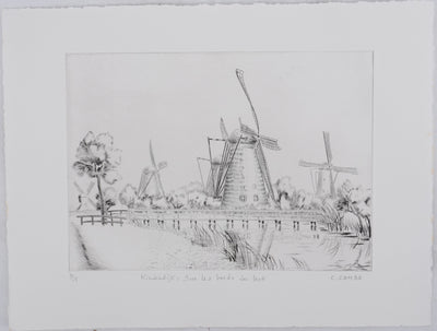Camille COMBE : Kinderdijk, sur les bords du Leek, Gravure originale signée