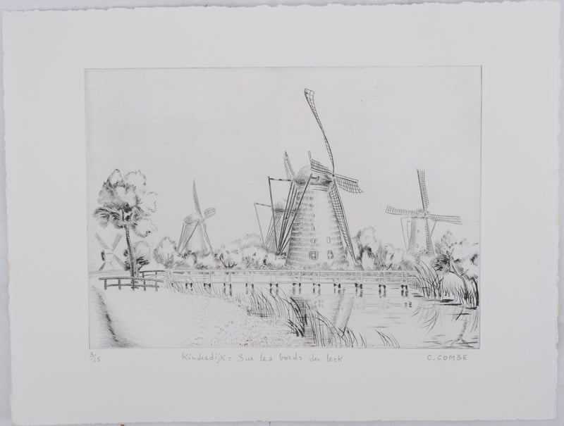 Camille COMBE : Kinderdijk, sur les bords du Leek, Gravure originale signée