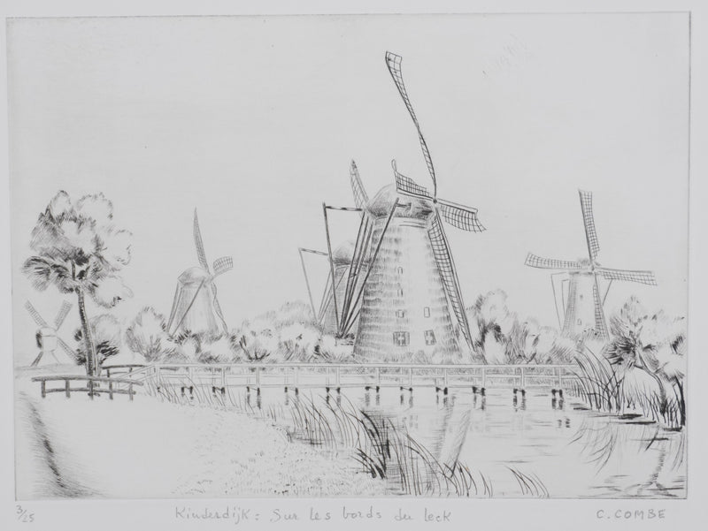 Camille COMBE : Kinderdijk, sur les bords du Leek, Gravure originale signée