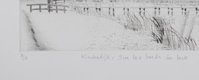 Camille COMBE : Kinderdijk, sur les bords du Leek, Gravure originale signée