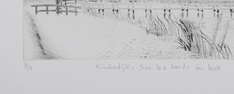 Camille COMBE : Kinderdijk, sur les bords du Leek, Gravure originale signée