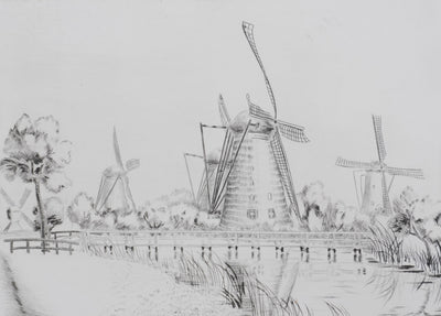 Camille COMBE : Kinderdijk, sur les bords du Leek, Gravure originale signée