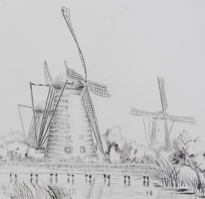 Camille COMBE : Kinderdijk, sur les bords du Leek, Gravure originale signée