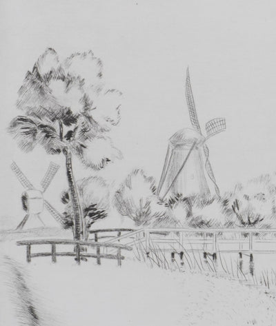 Camille COMBE : Kinderdijk, sur les bords du Leek, Gravure originale signée