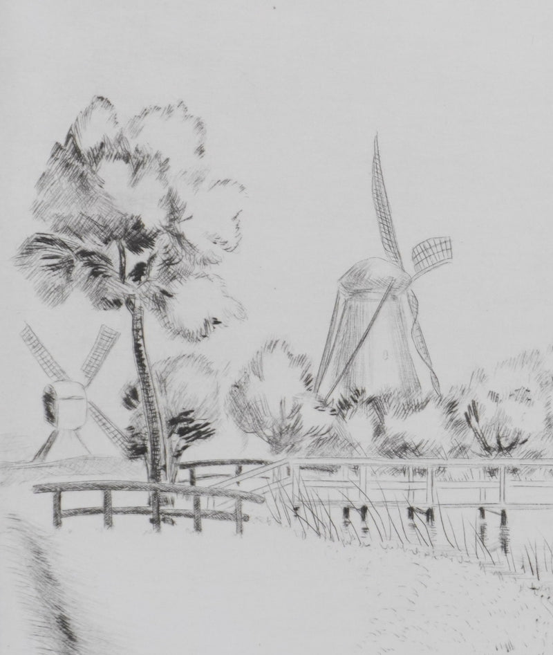 Camille COMBE : Kinderdijk, sur les bords du Leek, Gravure originale signée