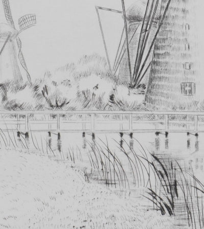 Camille COMBE : Kinderdijk, sur les bords du Leek, Gravure originale signée
