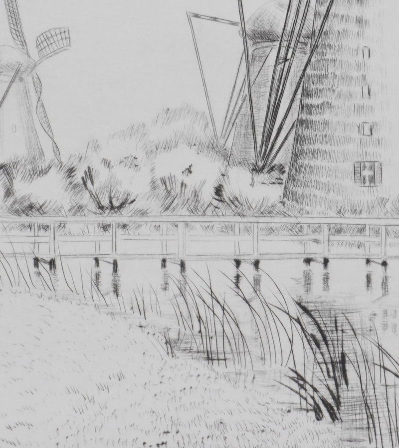 Camille COMBE : Kinderdijk, sur les bords du Leek, Gravure originale signée