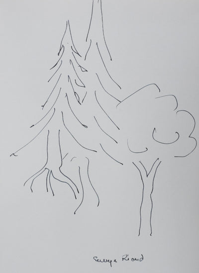 Georges RIOND : Les deux arbres en trait, Autographe et dessin original signé