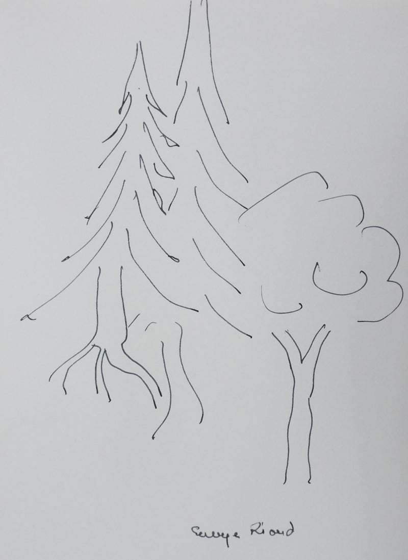 Georges RIOND : Les deux arbres en trait, Autographe et dessin original signé