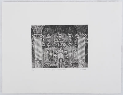 Camille COMBE : Bucarest, Eglise Stavropoleos, Gravure originale signée