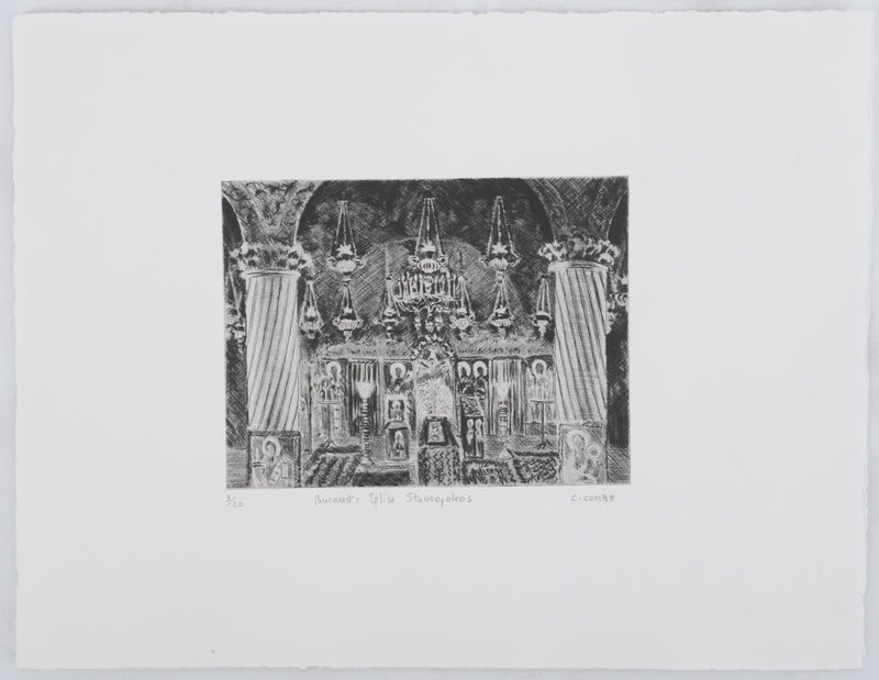 Camille COMBE : Bucarest, Eglise Stavropoleos, Gravure originale signée