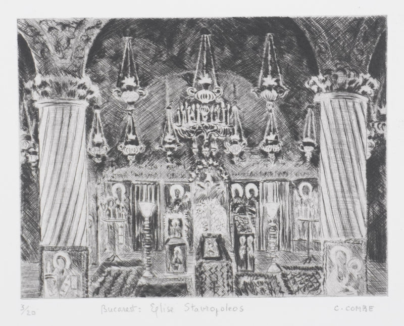Camille COMBE : Bucarest, Eglise Stavropoleos, Gravure originale signée