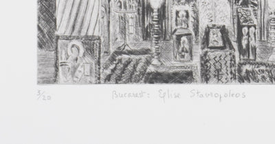 Camille COMBE : Bucarest, Eglise Stavropoleos, Gravure originale signée