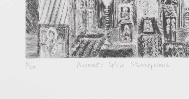 Camille COMBE : Bucarest, Eglise Stavropoleos, Gravure originale signée