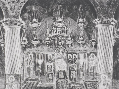 Camille COMBE : Bucarest, Eglise Stavropoleos, Gravure originale signée