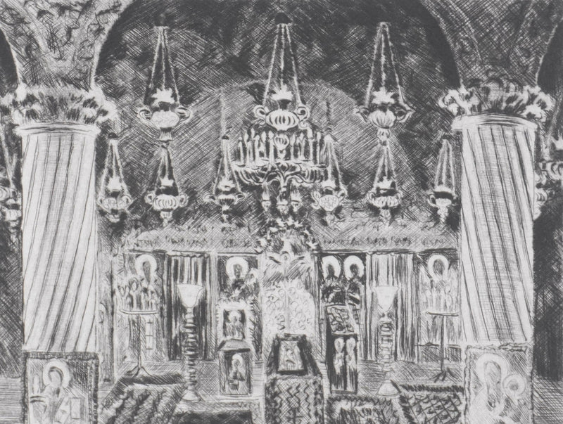 Camille COMBE : Bucarest, Eglise Stavropoleos, Gravure originale signée