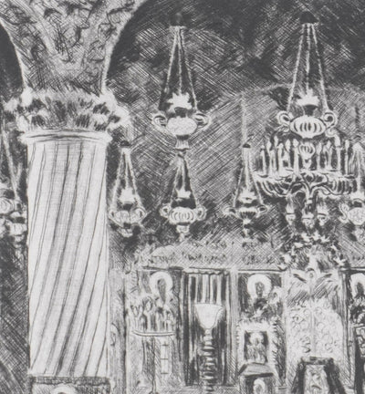 Camille COMBE : Bucarest, Eglise Stavropoleos, Gravure originale signée