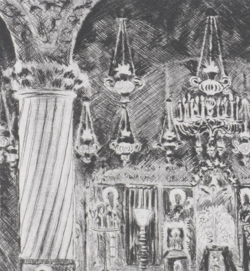 Camille COMBE : Bucarest, Eglise Stavropoleos, Gravure originale signée