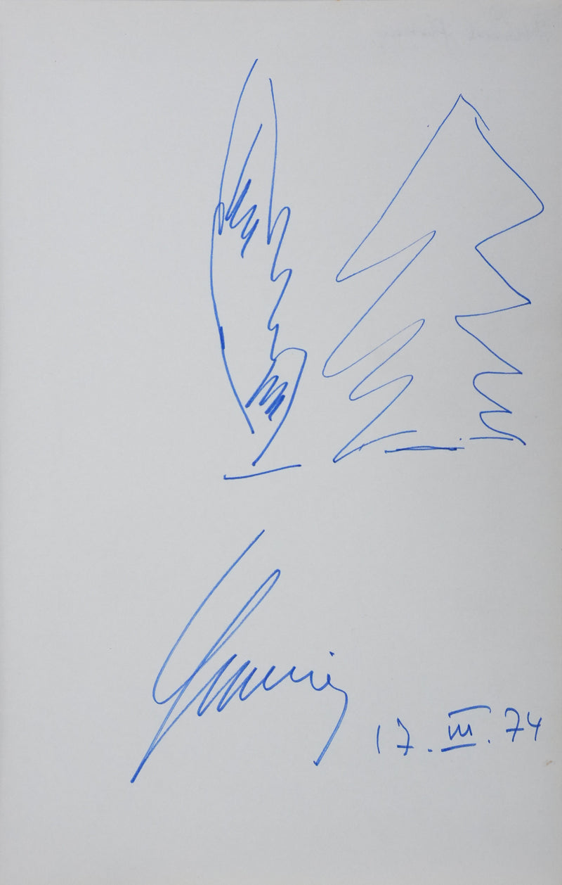 Hubert GERMAIN : Les arbres bleus, Autographe et dessin original signé