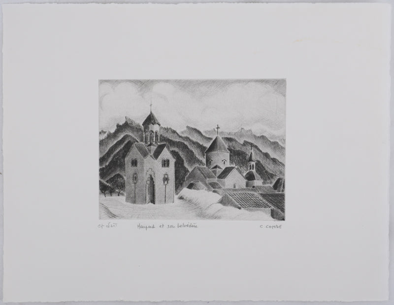 Camille COMBE : Harstad et son belvédère, Gravure originale signée