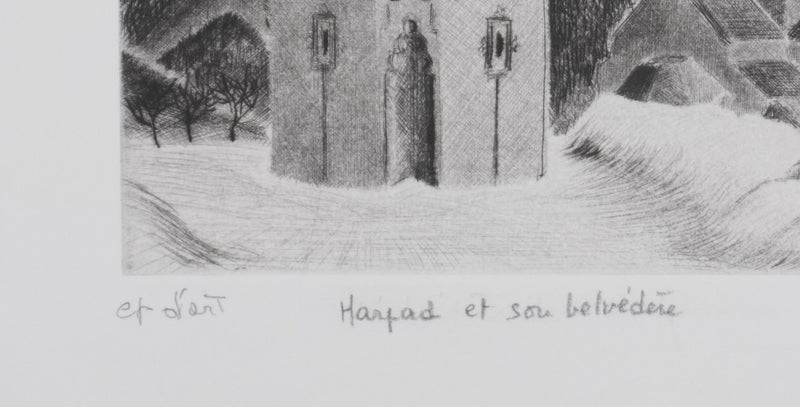 Camille COMBE : Harstad et son belvédère, Gravure originale signée