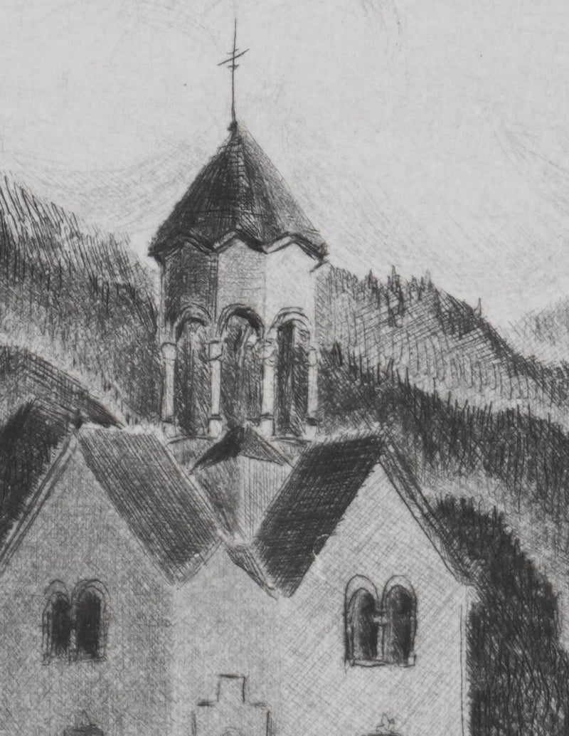 Camille COMBE : Harstad et son belvédère, Gravure originale signée