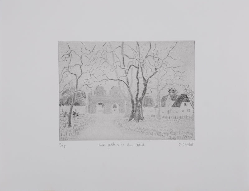 Camille COMBE : Une petite ville au Nord, Gravure originale signée