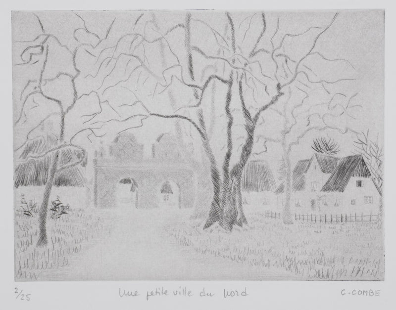 Camille COMBE : Une petite ville au Nord, Gravure originale signée