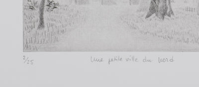 Camille COMBE : Une petite ville au Nord, Gravure originale signée